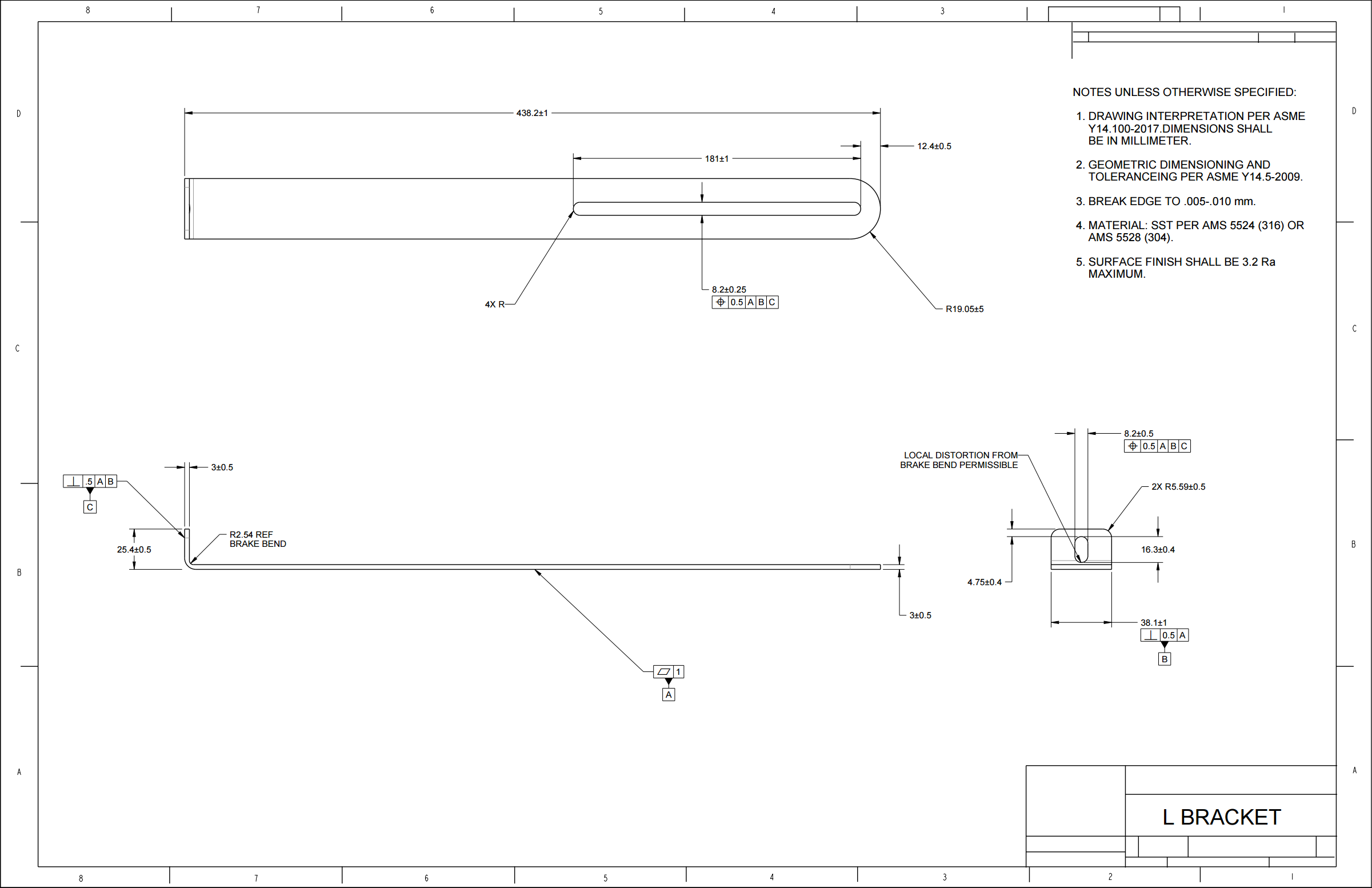 Dimensioned manufacturing drawing of an L-bracket with GD&T, tolerances, and material notes