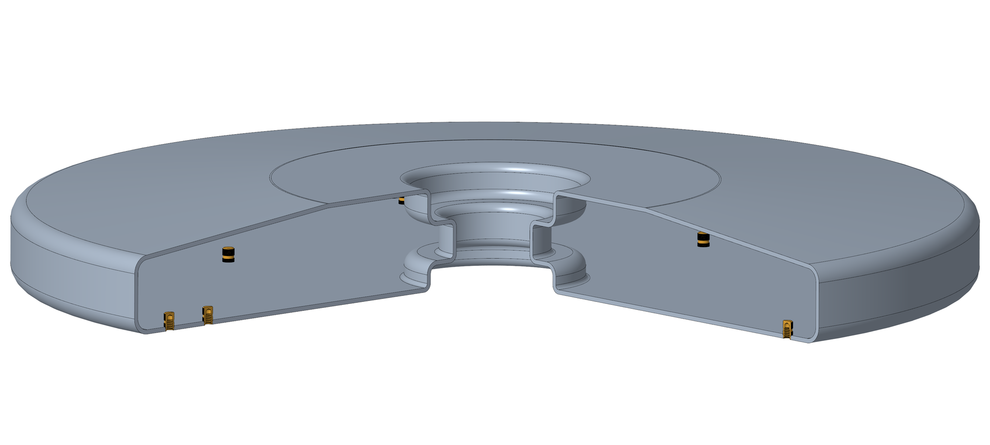 Quarter-section CAD view of a round rotomolded polyethylene fountain float, showing the hollow interior, thin continuous wall, center opening, and molded-in brass threaded inserts